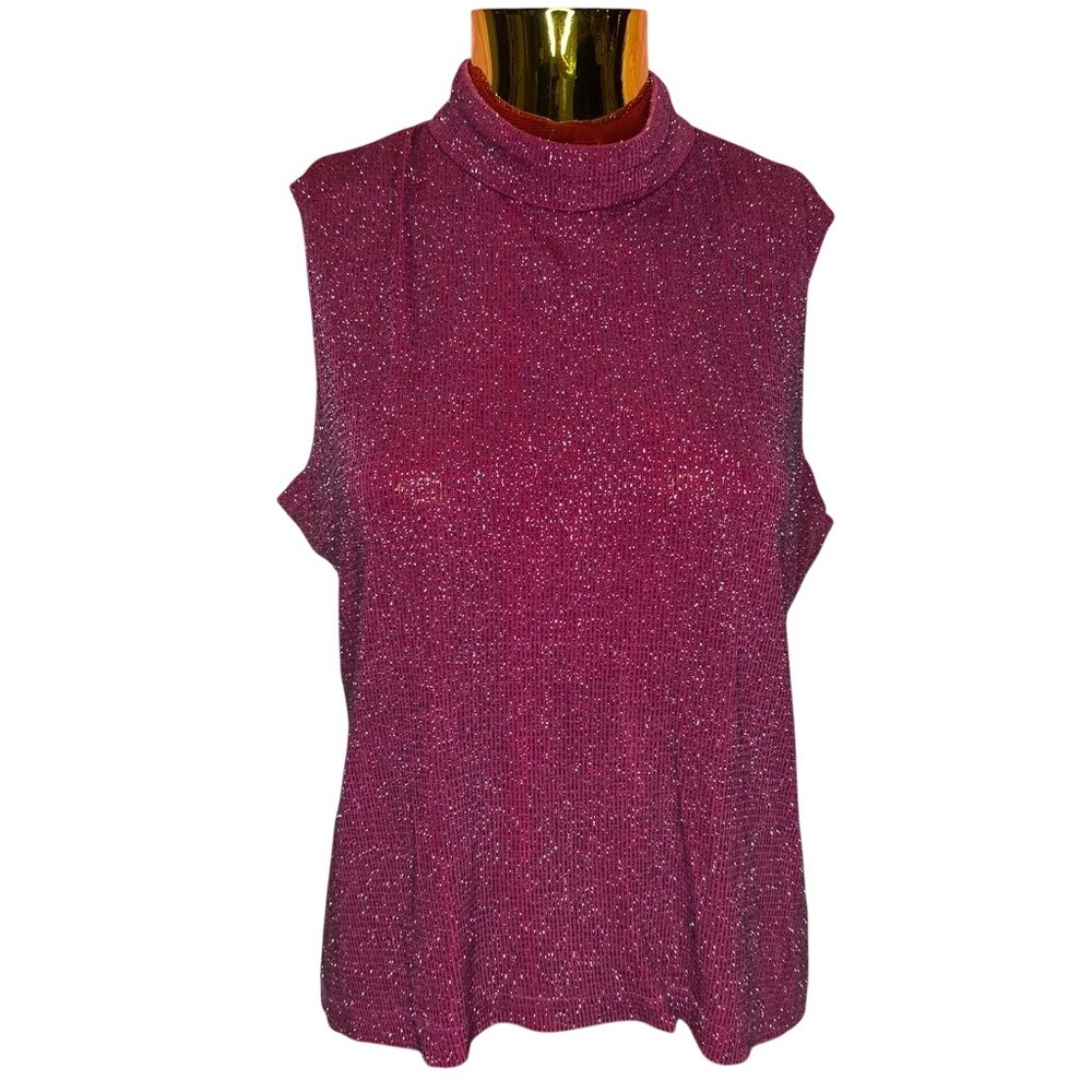 Vintage 90s Art Maximalist Magenta Pink Shimmer Mock Neck Tank Blouse USA Large